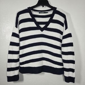 Lauren Ralph Lauren Navy & White Striped Cotton V-Neck Sweater L